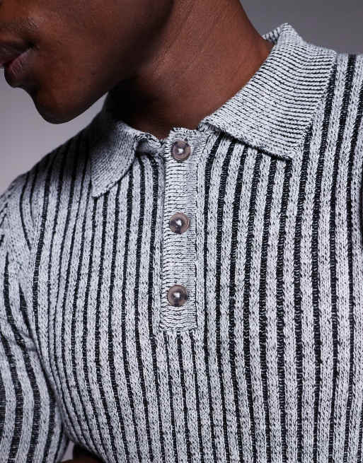 ASOS DESIGN muscle fit knit plated rib polo in gray
