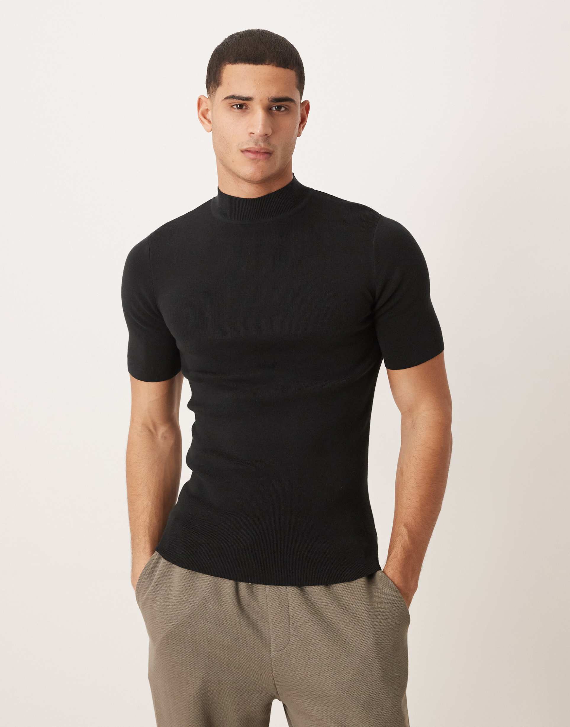 ASOS DESIGN muscle fit knit rib turtleneck T-shirt in black cotton blend
