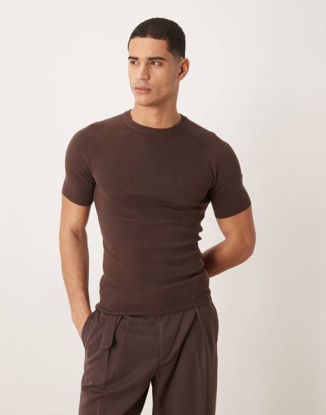 ASOS DESIGN muscle fit knit ribbed crew neck T-shirt with saddle sleeve in brown cotton blend - view 1