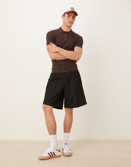 ASOS DESIGN muscle fit knitted rib polo t-shirt in brown