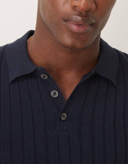 ASOS DESIGN muscle fit knit ribbed polo T-shirt in navy