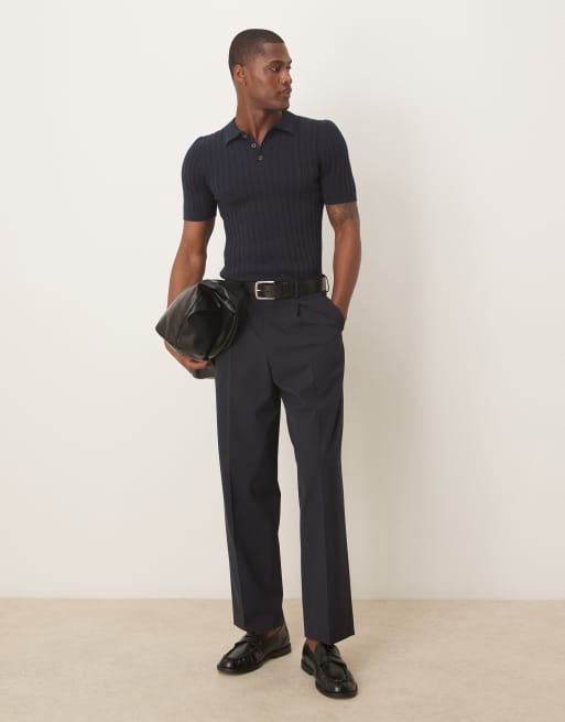 ASOS DESIGN muscle fit knit ribbed polo T-shirt in navy