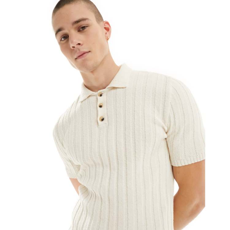 ASOS DESIGN muscle fit knit textured rib polo shirt in stone