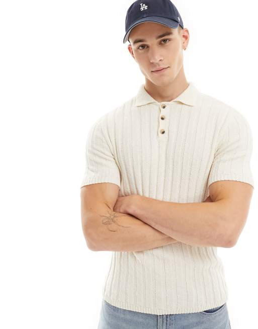 ASOS DESIGN muscle fit knit textured rib polo shirt in stone, 2 of 4
