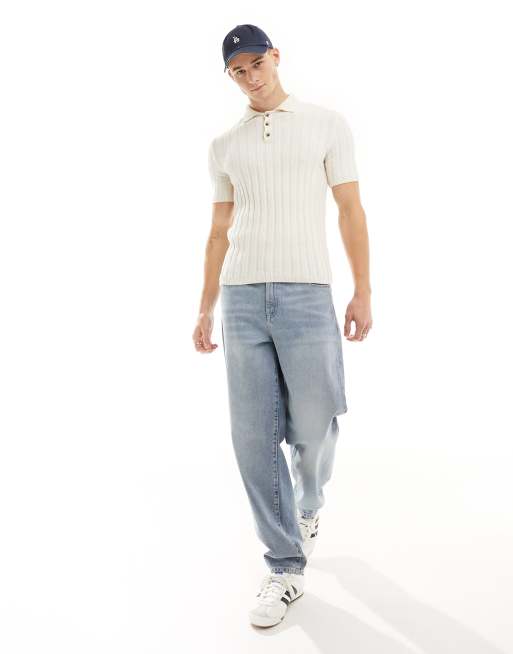 ASOS DESIGN muscle fit knit textured rib polo shirt in stone, 3 of 4