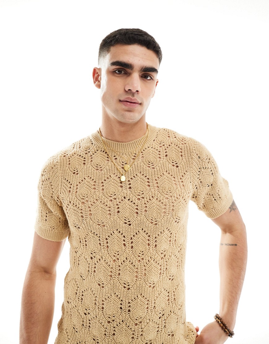 ASOS DESIGN muscle fit knitted contrast pointelle stitch crew neck t-shirt in brown