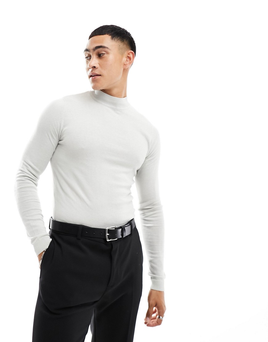 ASOS DESIGN muscle fit knitted cotton turtle neck jumper in light grey