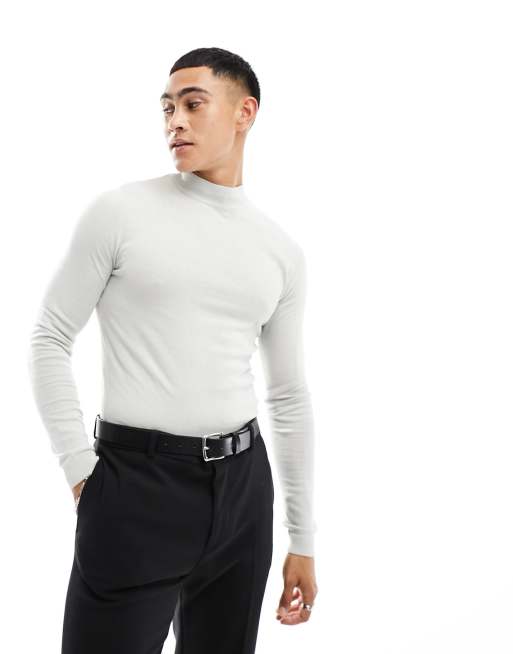 ASOS DESIGN muscle fit knitted cotton turtle neck sweater in light gray