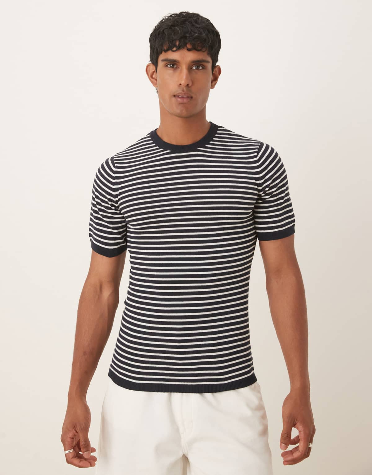 ASOS DESIGN muscle fit knitted crew neck t-shirt in navy and cream stripe