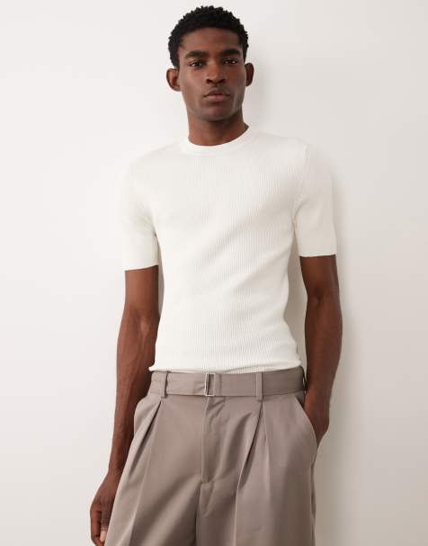 ASOS DESIGN muscle fit knitted crew neck t-shirt in off-white cotton blend - view 1