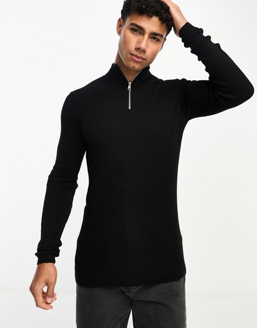 ASOS DESIGN muscle fit knitted essential 1/4 zip jumper in black | ASOS
