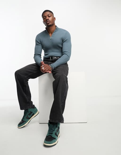 ASOS DESIGN muscle fit knitted essential 1 4 zip jumper in blue ASOS