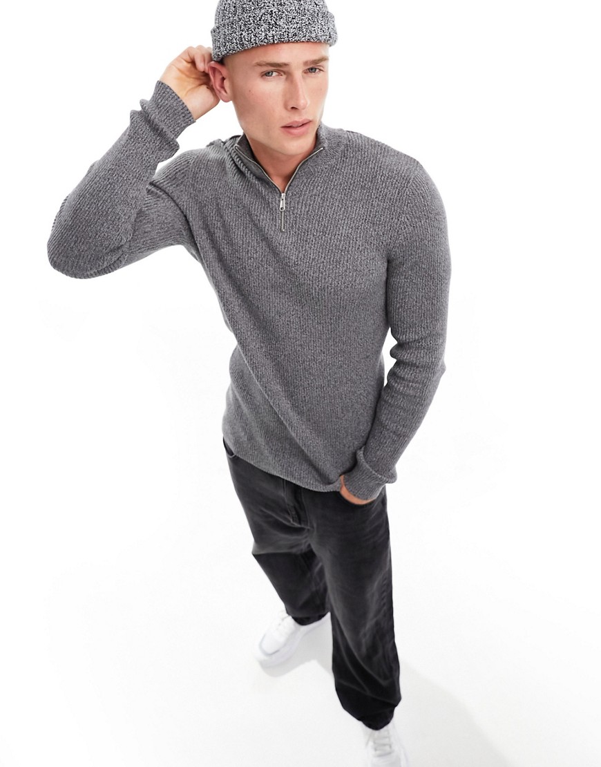 ASOS DESIGN muscle fit knitted essential 1/4 zip jumper in grey twist