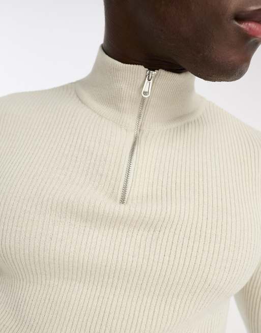 ASOS DESIGN muscle fit knitted essential 1/4 zip jumper in oatmeal, 2 of 4