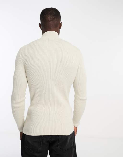 ASOS DESIGN muscle fit knitted essential 1/4 zip jumper in oatmeal, 3 of 4