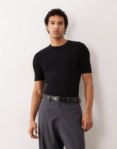ASOS DESIGN muscle fit knitted essential cotton blend crew neck t-shirt in black&nbsp; - view 1