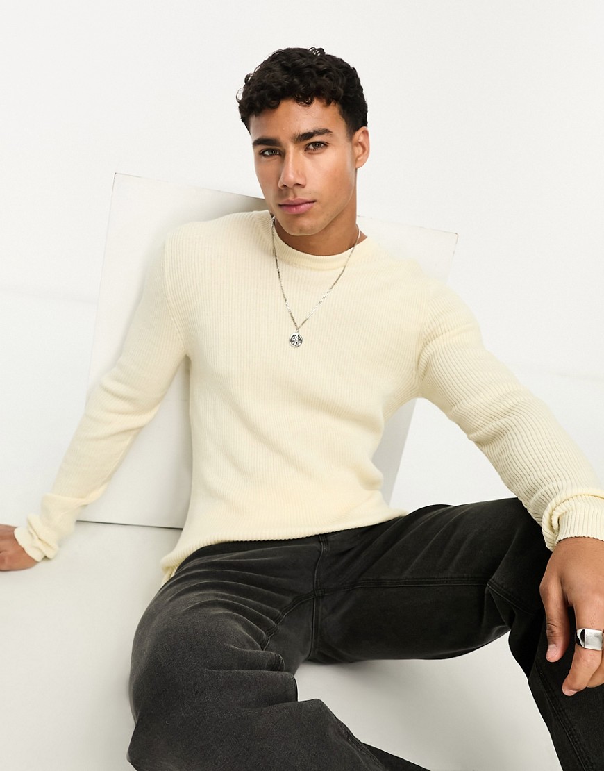 ASOS DESIGN muscle fit knitted essential crew neck jumper in stone-Neutral