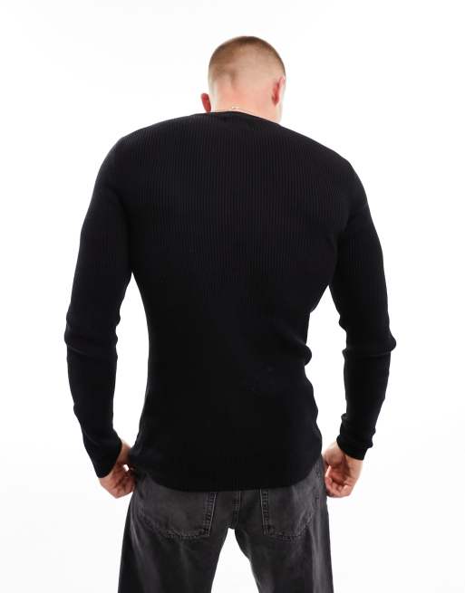 ASOS DESIGN muscle fit knitted essential rib jumper in black ASOS