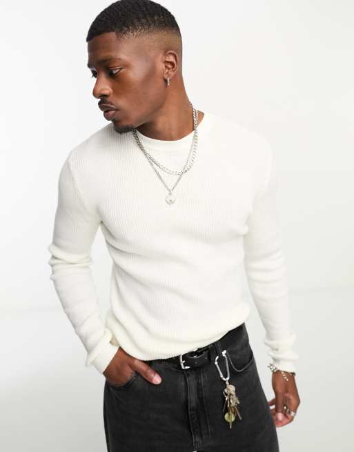 ASOS DESIGN muscle fit knitted essential rib jumper in white | ASOS