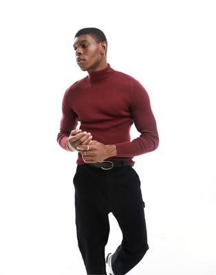 ASOS DESIGN muscle fit knitted essential rib roll neck jumper in burgundy