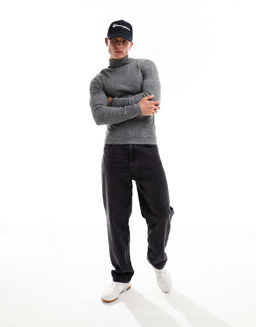 ASOS DESIGN muscle fit knitted essential rib roll neck jumper in grey twist