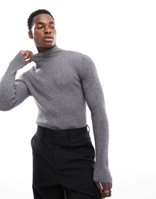 ASOS DESIGN muscle fit knitted essential rib turtle neck jumper in grey ...