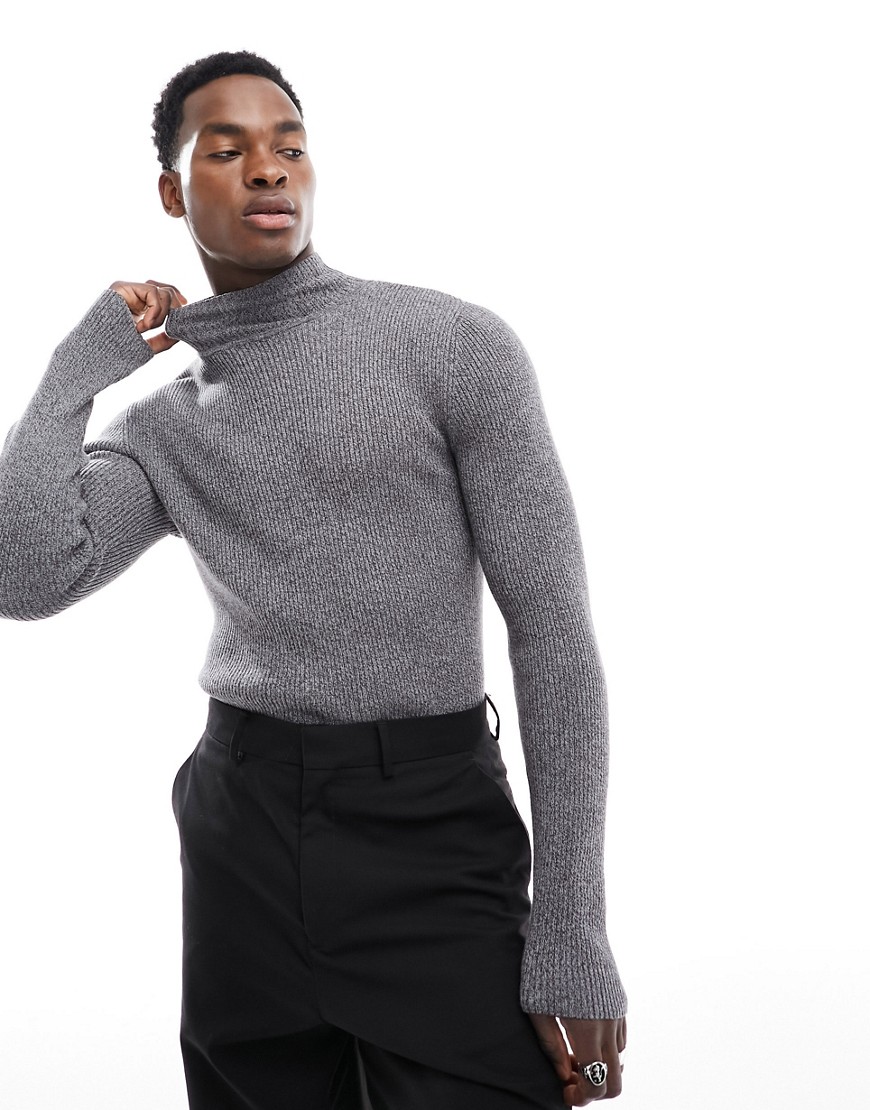 ASOS DESIGN muscle fit knitted essential rib turtle neck jumper in grey twist