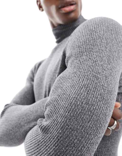 ASOS DESIGN muscle fit knitted essential rib turtle neck jumper in grey twist, 4 of 4