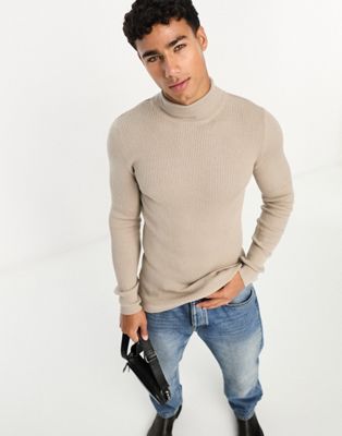 ASOS DESIGN muscle fit knitted essential roll neck rib jumper in taupe