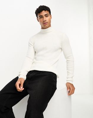 ASOS DESIGN muscle fit knitted essential roll neck rib jumper in white