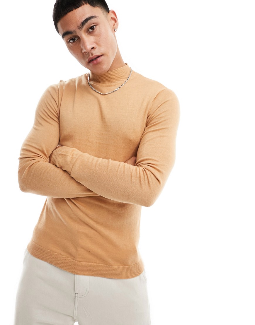 ASOS DESIGN muscle fit knitted essential turtle neck jumper in tan-Brown