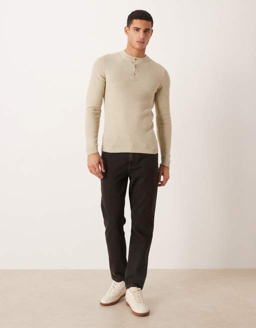 ASOS DESIGN muscle fit knitted henley neck jumper in cream, 2 of 5