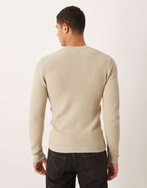 ASOS DESIGN muscle fit knitted henley neck jumper in cream, 3 of 5