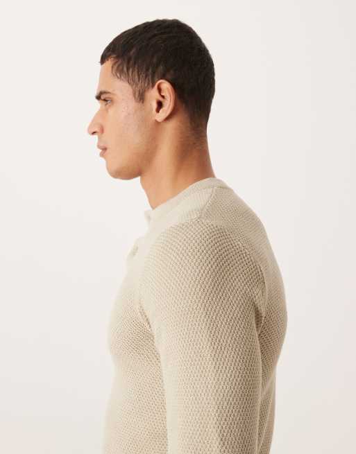 ASOS DESIGN muscle fit knitted henley neck jumper in cream, 4 of 5