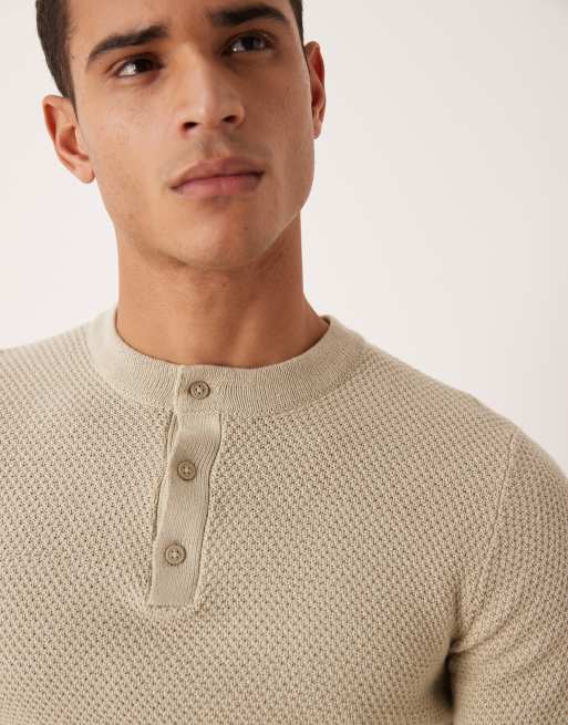 ASOS DESIGN muscle fit knitted henley neck jumper in cream, 5 of 5