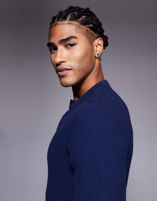 ASOS DESIGN muscle fit knitted henley neck jumper in navy, 4 of 5
