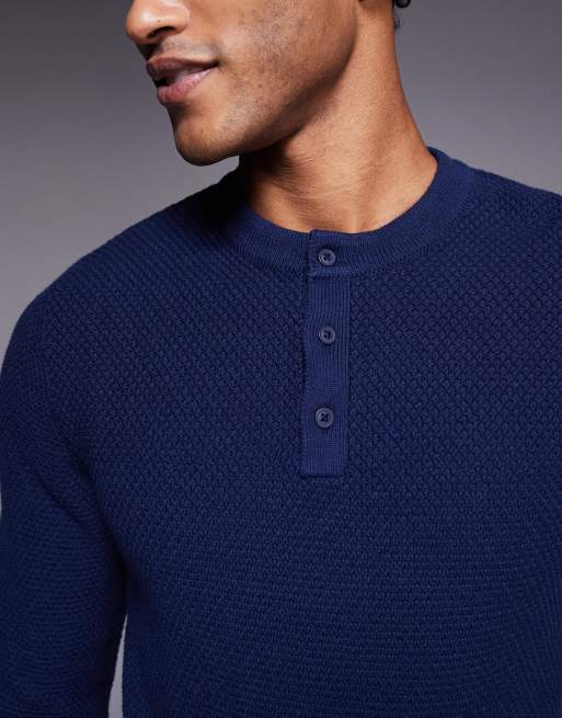 ASOS DESIGN muscle fit knitted henley neck jumper in navy, 5 of 5