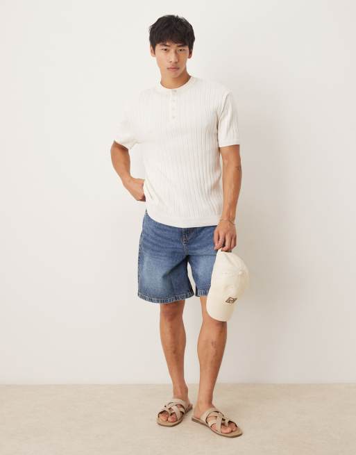 ASOS DESIGN muscle fit knitted henley neck t-shirt in cream, 4 of 4