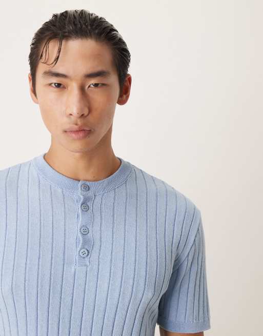 ASOS DESIGN muscle fit knitted henley neck t-shirt in light blue, 3 of 4