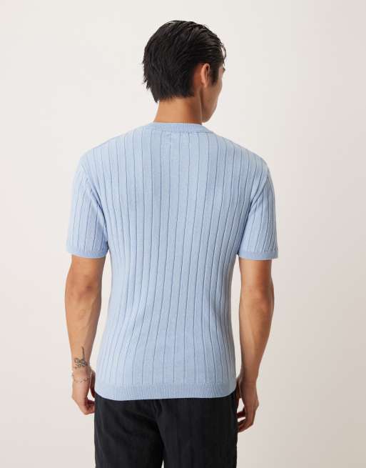 ASOS DESIGN muscle fit knitted henley neck t-shirt in light blue, 4 of 4