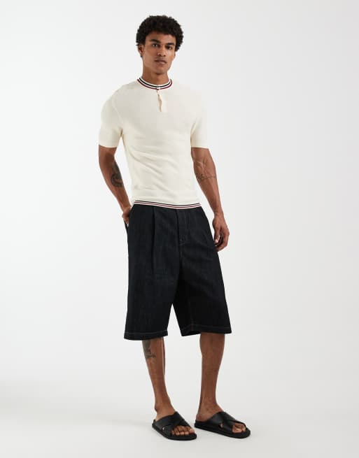 ASOS DESIGN muscle fit knitted henley with tiping in ecru, 2 of 5