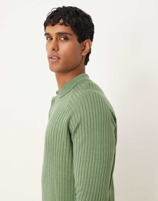 ASOS DESIGN muscle fit knitted long sleeve polo t-shirt in khaki, 4 of 5