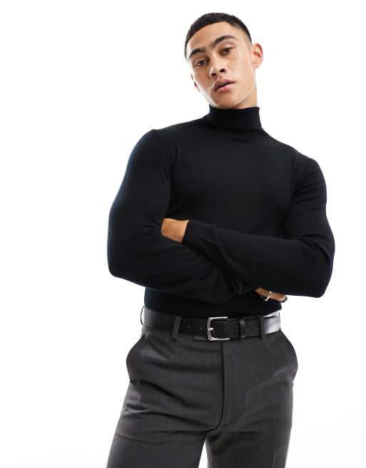 ASOS DESIGN muscle fit knitted merino wool roll neck jumper in black, 2 of 4