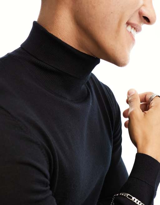 ASOS DESIGN muscle fit knitted merino wool roll neck jumper in black, 3 of 4