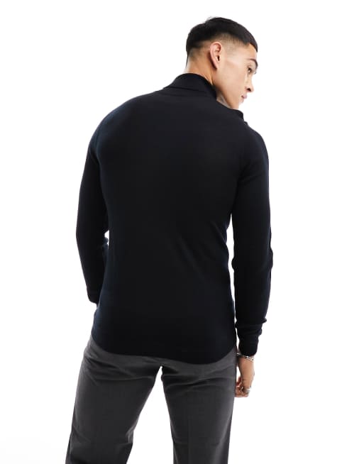ASOS DESIGN muscle fit knitted merino wool roll neck jumper in black, 4 of 4