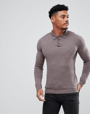 ASOS DESIGN muscle fit knitted polo in brown | ASOS
