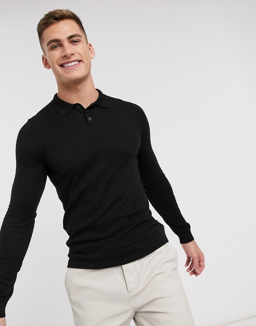 ASOS DESIGN muscle fit knitted polo shirt in black