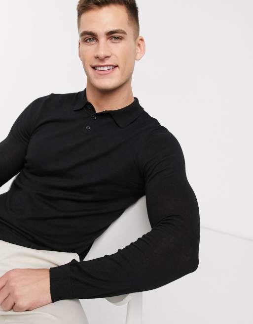knitted muscle fit polo shirt in black
