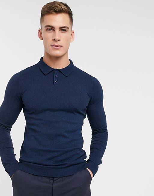 ASOS DESIGN muscle fit knitted polo shirt in navy | ASOS