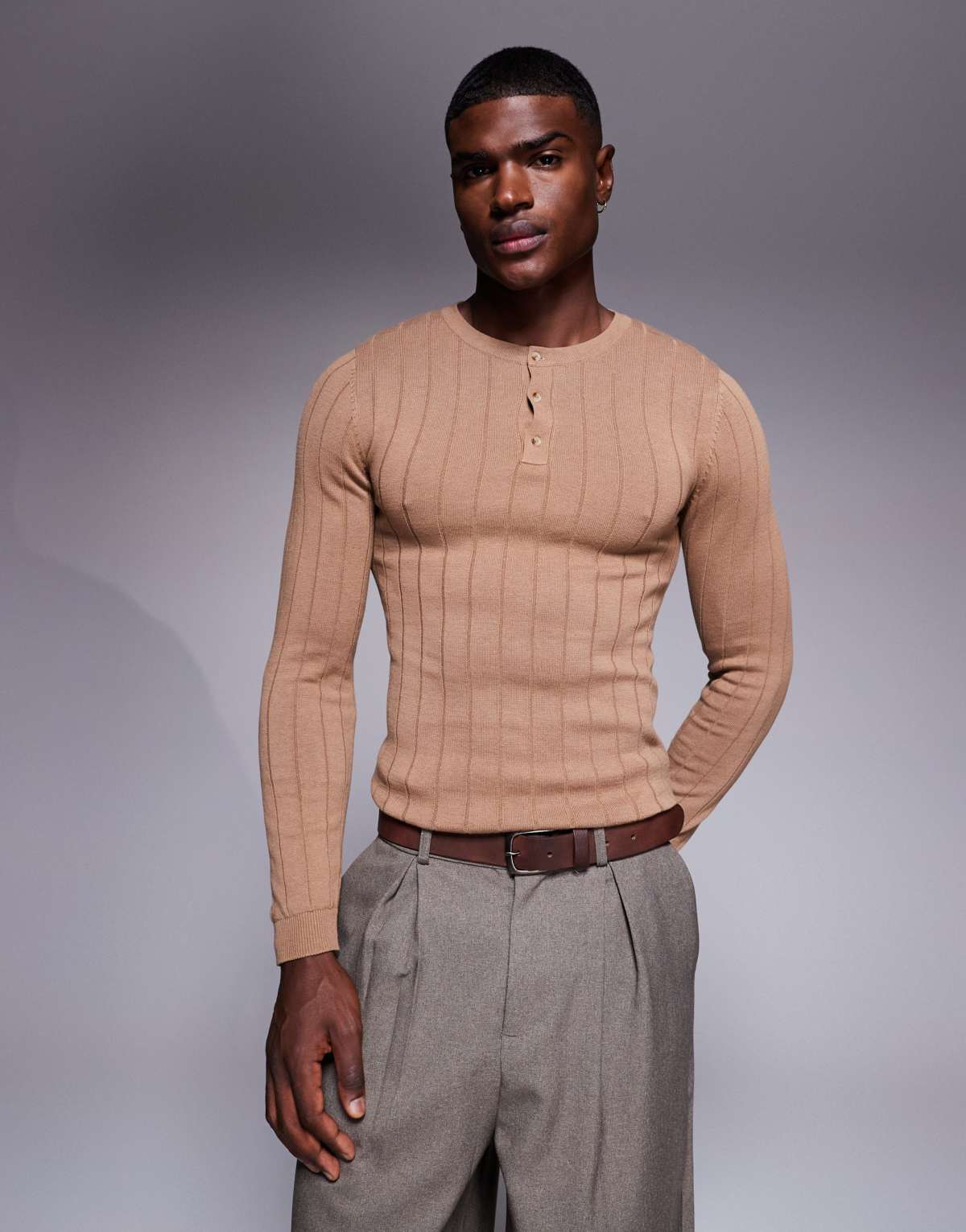 ASOS DESIGN muscle fit knitted rib long sleeve henley neck t-shirt in tan